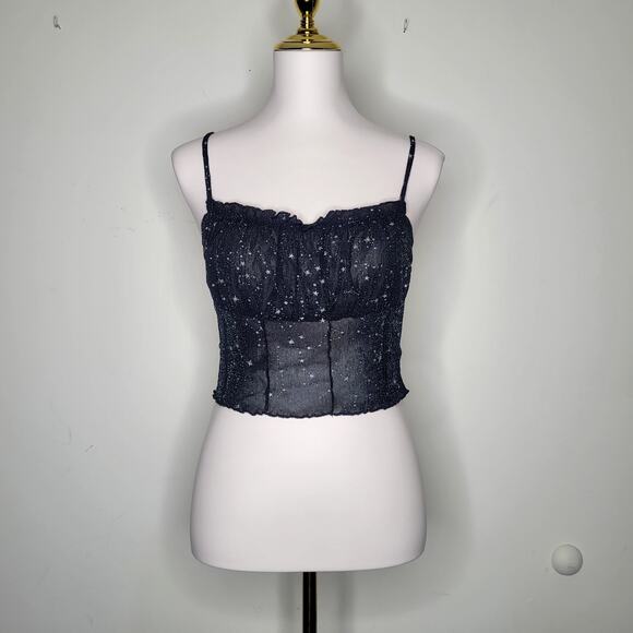 Sz L Black Mesh Sheer Crop Top Cami Celestial Stars Glitter Whimsical Fairy Dust - Picture 2 of 6